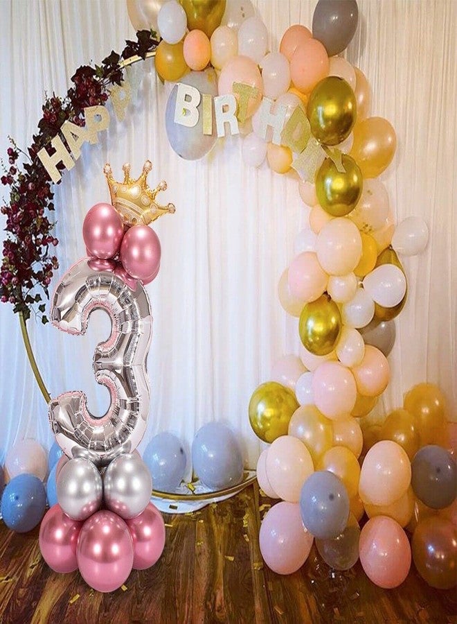 Lazybeee مجموعة بالونات فضية ووردية من Lazybeee، 19 قطعة، رقم 3 كبير (32 بوصة) مع تاج ذهبي، لتزيين حفلات أعياد الميلاد للفتيات والفتيان، بالونات فويل بتصميم عيد الميلاد الثالث. - Image 2